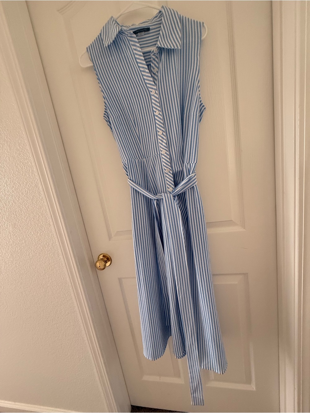 Tommy Hilfiger Sleeveless Blue and White Striped Shirt Dress with Tie Belt